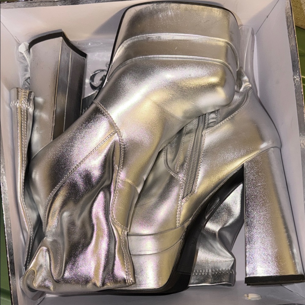 Metallic Silver Platform Ankle Boots - Women